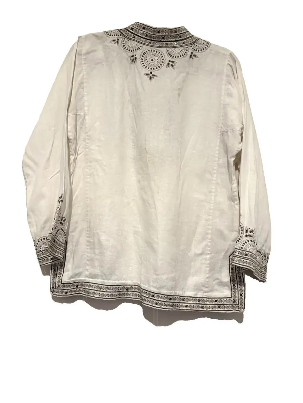 J Crew sz L white and‎ silver embellished linen V neck tunic shirt #3373